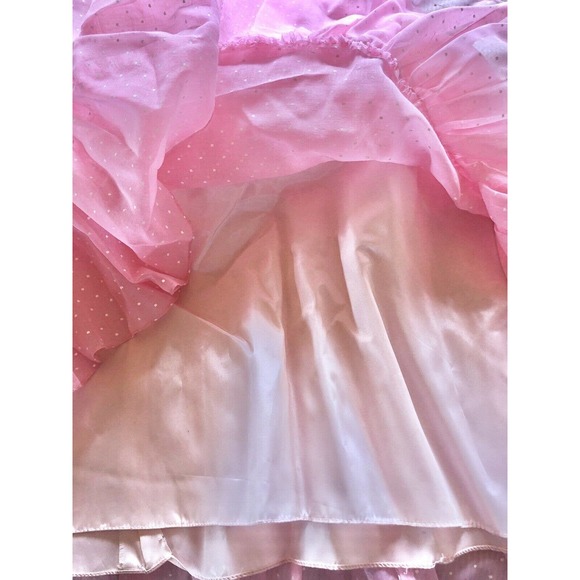 Vintage 70s Maxi Dress Pink Swiss Dot Ruffle Pom Trim Puff Sleeve ILGWU Size 7/8 - Picture 12 of 13